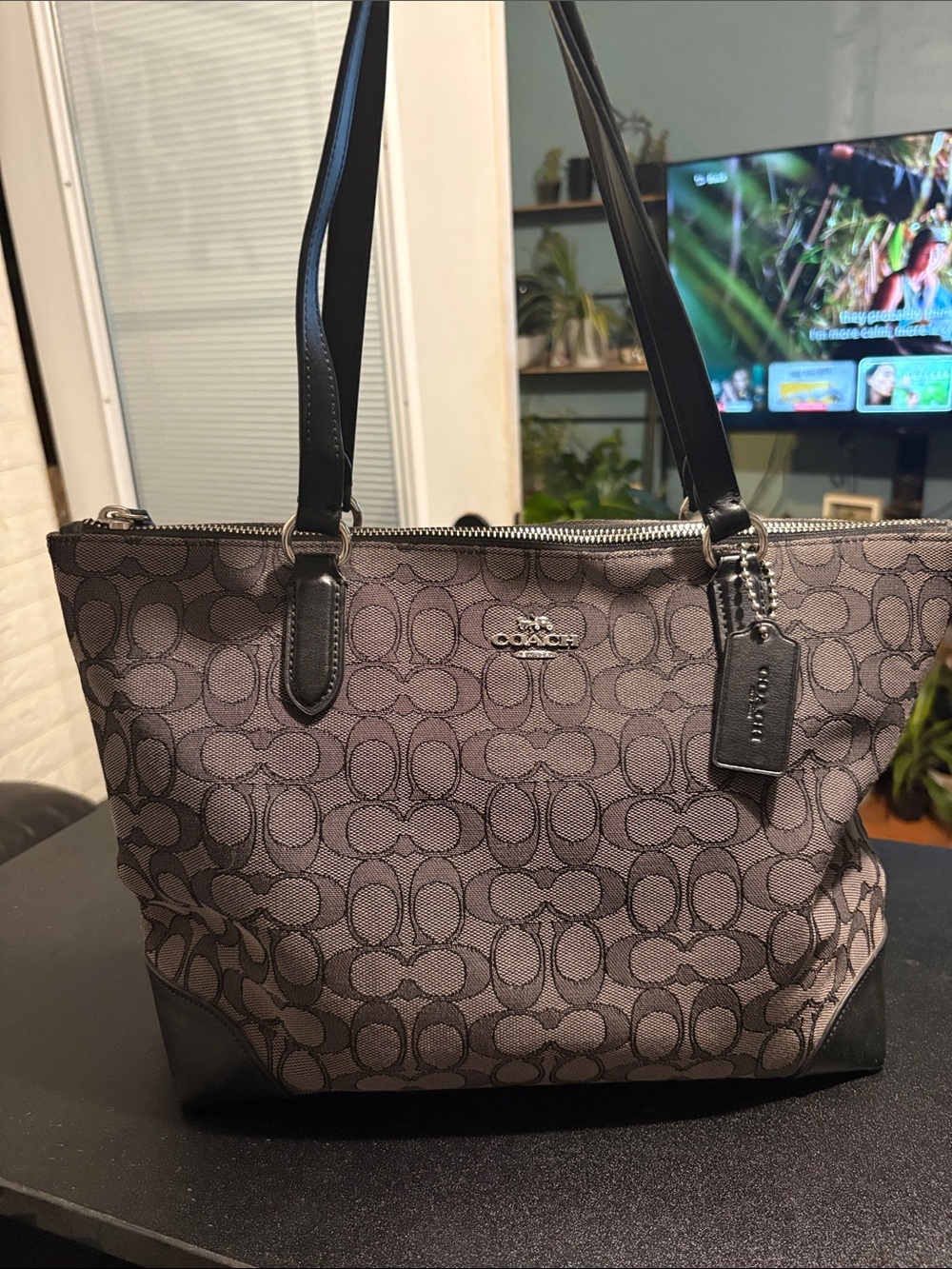 Coach Gray Signature Tote with Black Leather Trim